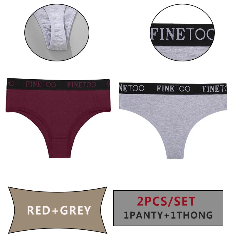 FINETOO 2PCS/Set Women Cotton Panties Sexy Letter Underwear Panty Thong Low Waisted 1Panty+1G-string Brief Tanga Lingerie Femme