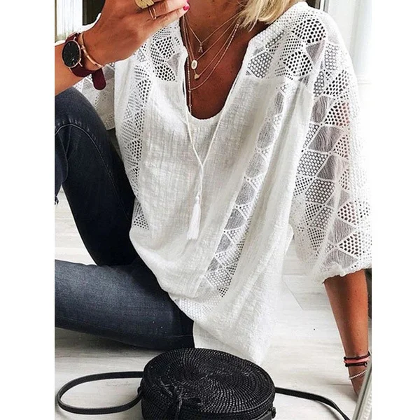 Star Half Sleeve Shift V Neck Holiday Tops