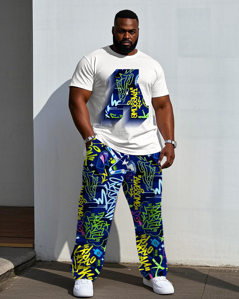 Men's Big & Tall Street Graffiti Design "A" 3D Gradient Printing Short-sleeved T-shirt Trousers Set