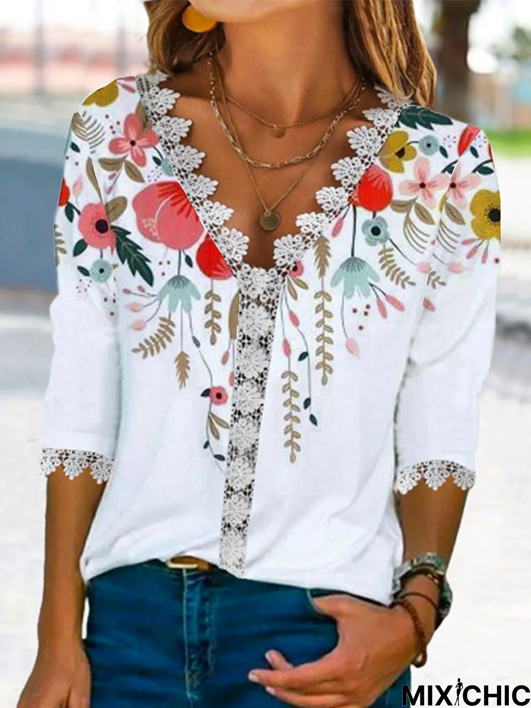 Floral Loose V Neck T-Shirt