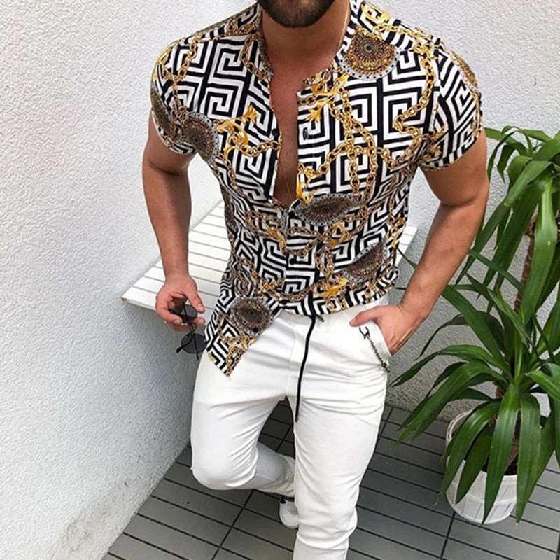 Long sleeve Summer Man Shirt 2020 Mens Ethnic Printed Stand Collar Stripe Long sleeve  Loose Hawaiian Henley Shirt hawaiian Shir