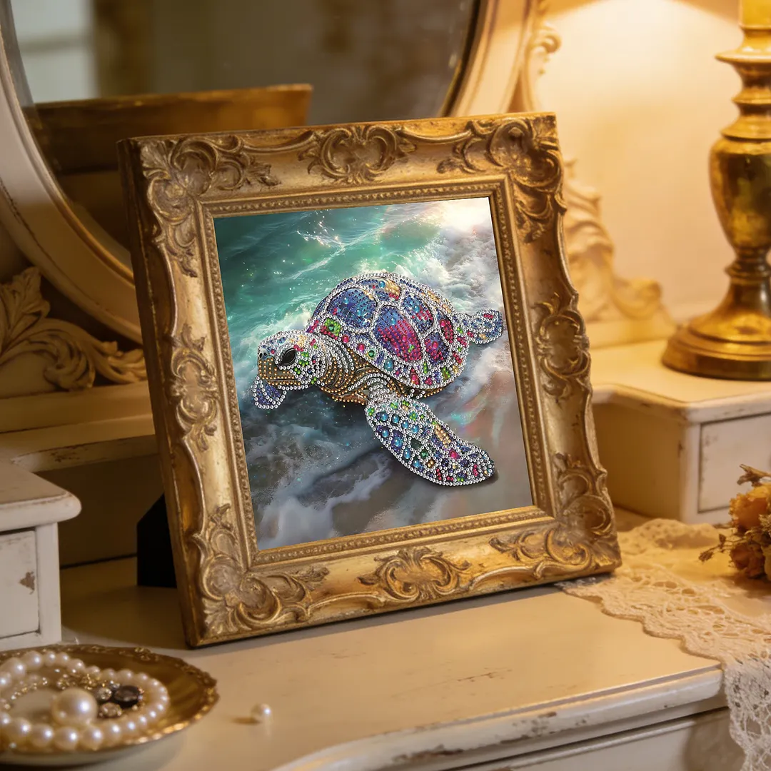 Beach Shimmering Beaded Turtle Special Shaped 5D DIY Partial Drill Diamond Painting Kits for Adults Beginners Home Decor Diamonds Dots Gem Art Kits 11.81 X11.81inch