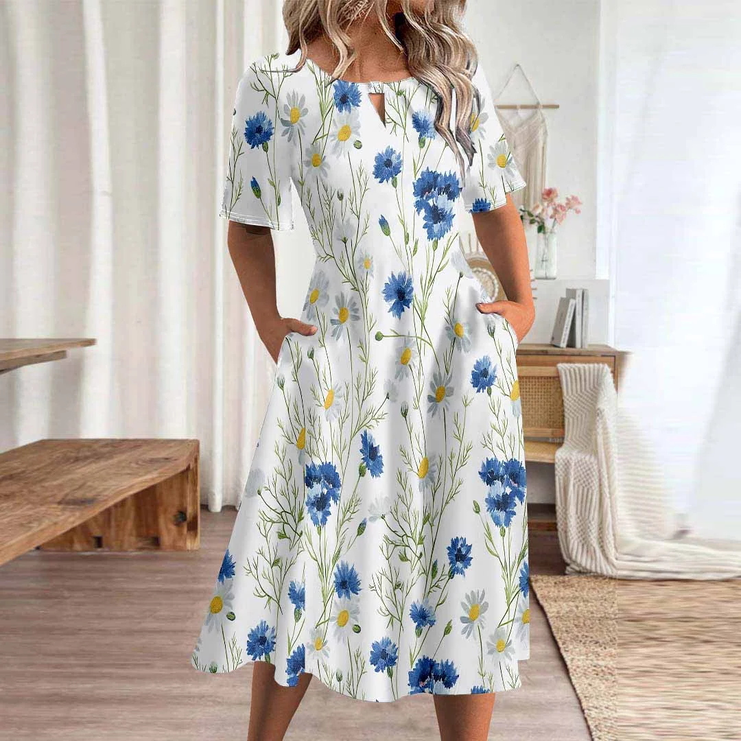 Women Floral,Blue DZHA8236 Short Sleeve Scoop Neck Graphic Printed Hollow Midi Dress