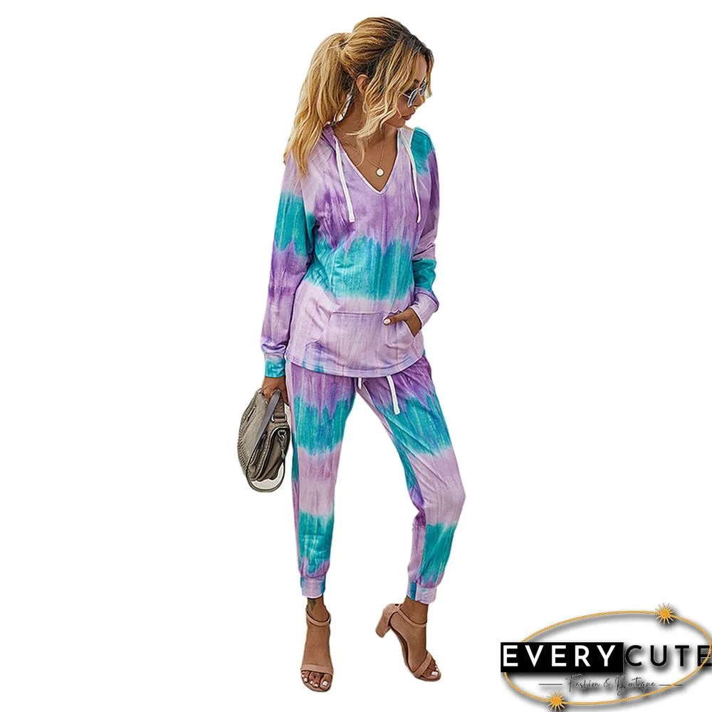 Purple Tie Dye Print Drawstring Hoodie with Pants Set