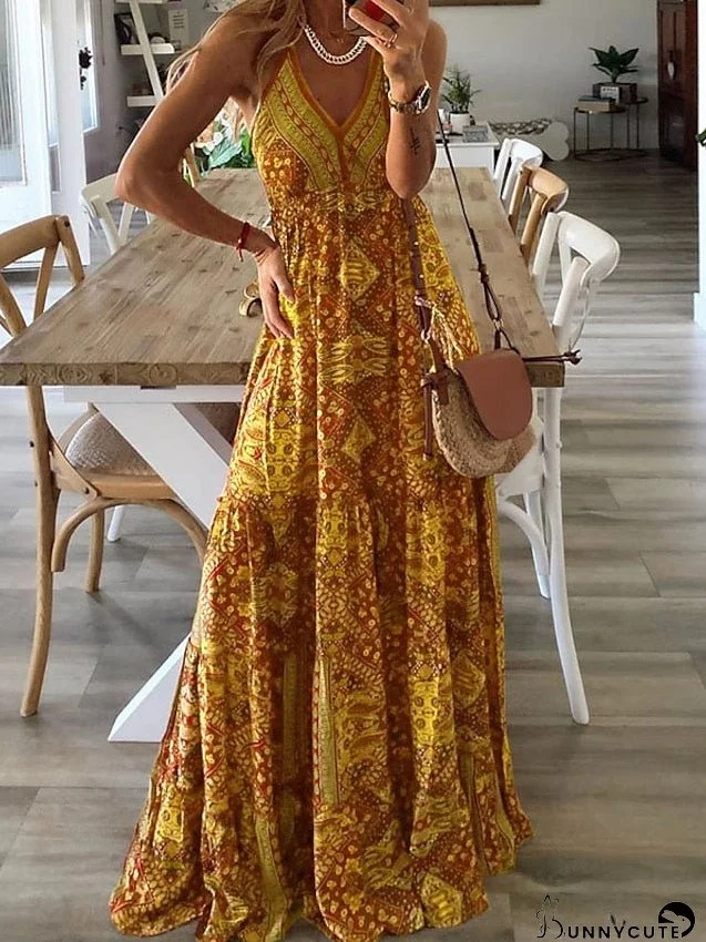 Boho Dress Long Dress Maxi Dress Green Purple Pink Sleeveless Abstract Print Spring Summer V Neck Classic S M L XL for Women