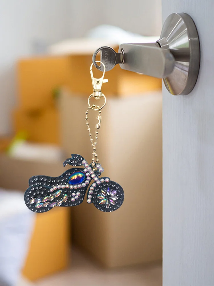 Motorcycle Special Shaped DIY Bright Diamond Painting Kit Keychain for Bag(Double Side)