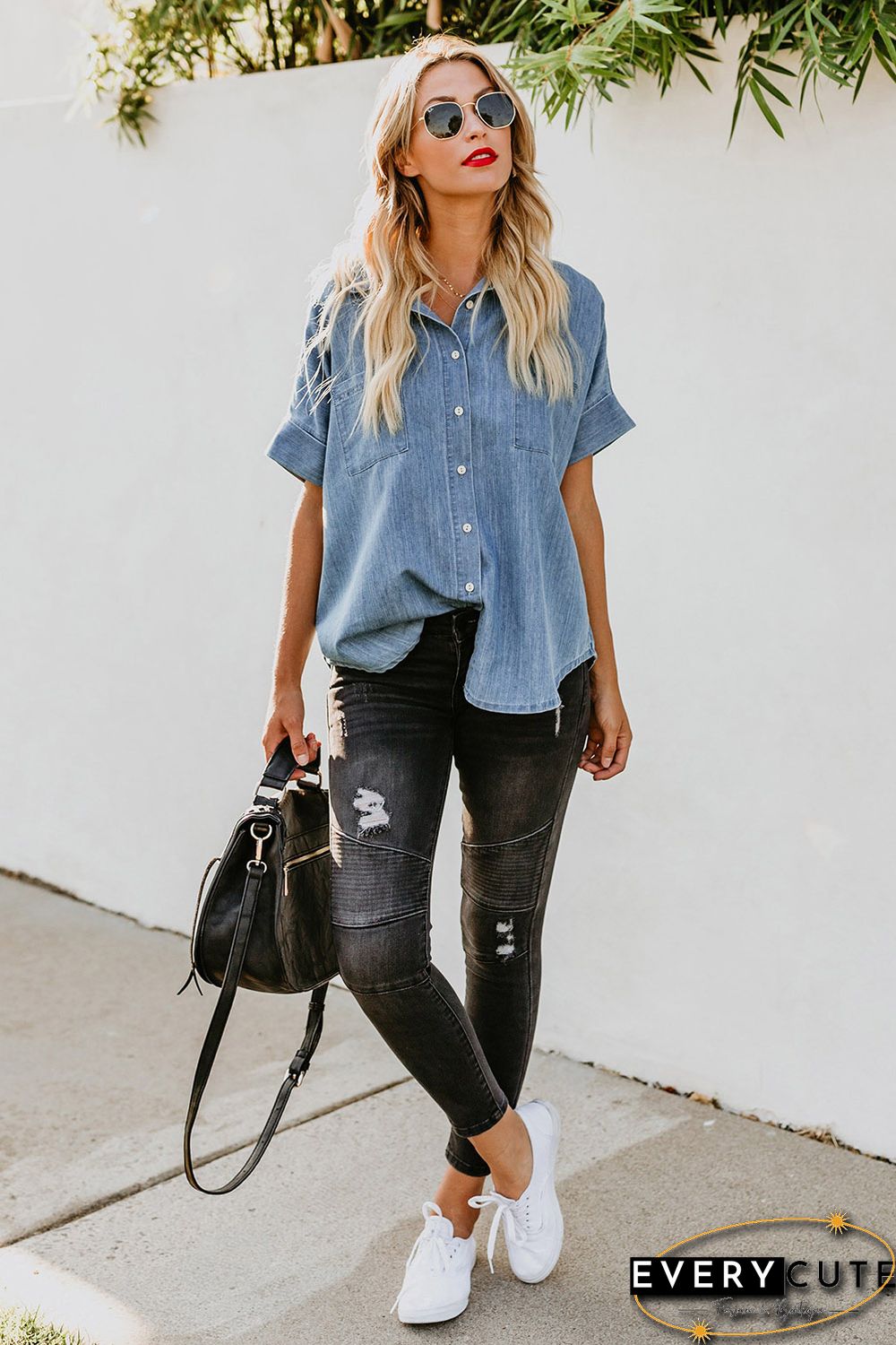 Light Blue Turn-down Collar Short Sleeve Denim Shirt