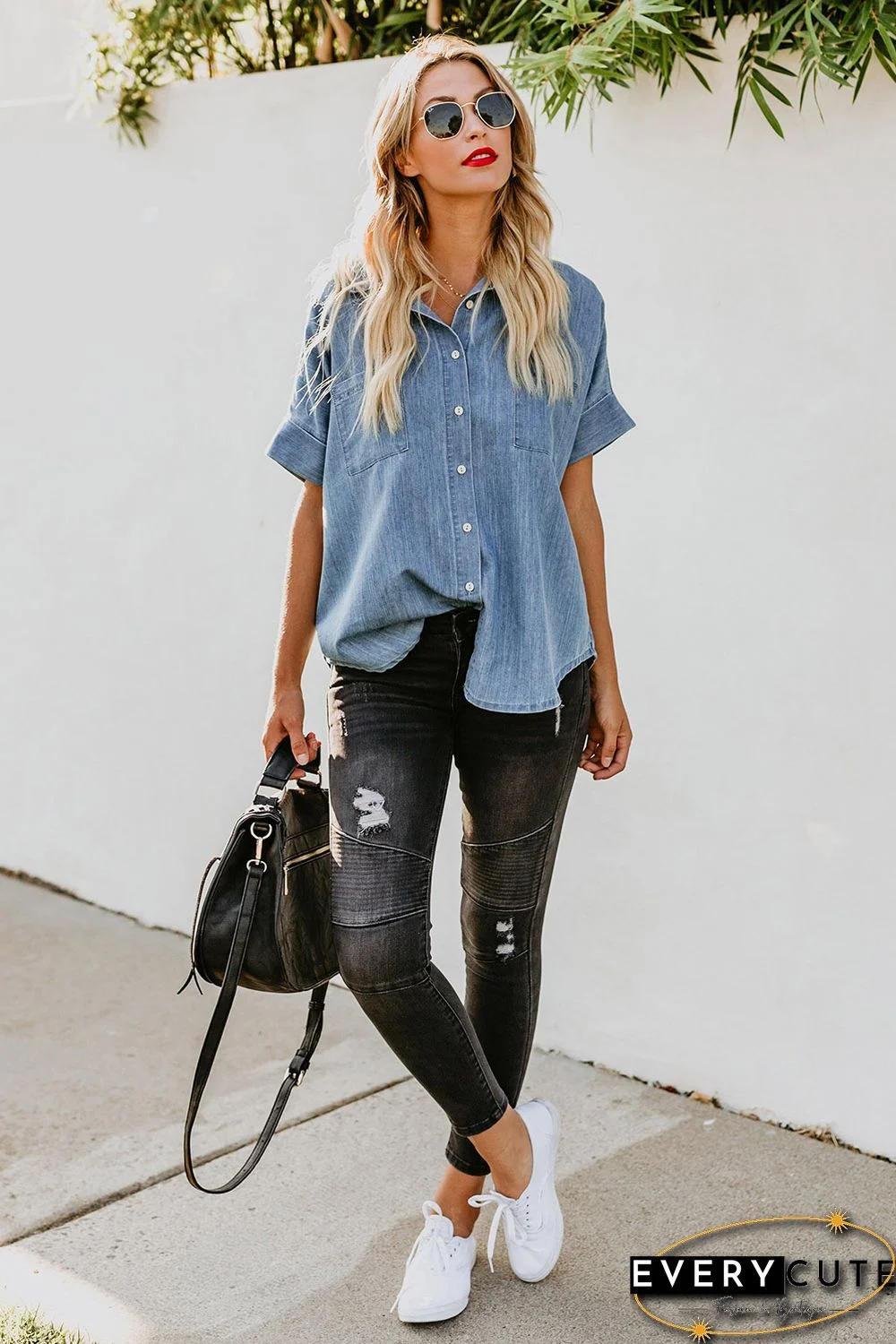 Light Blue Turn-down Collar Short Sleeve Denim Shirt