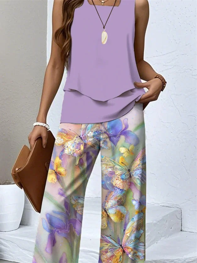 Women's Sleeveless Square Collar Graphic Printed Casual Set