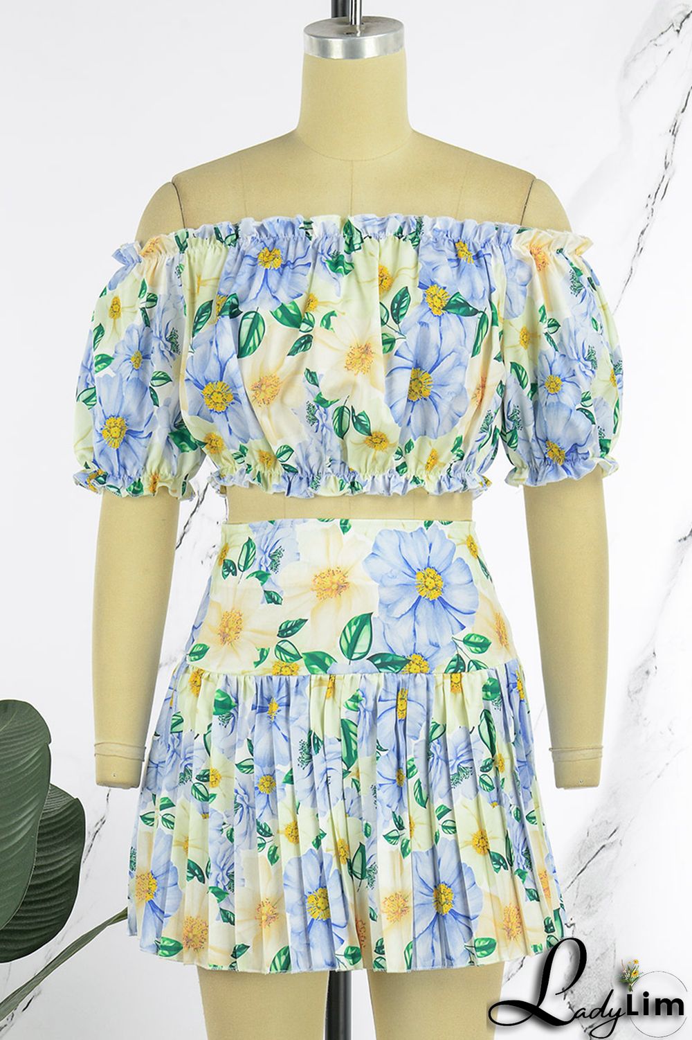 Yellow Sexy Print Patchwork Off the Shoulder Short Sleeve Two Pieces