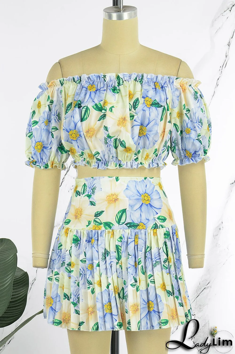 Yellow Sexy Print Patchwork Off the Shoulder Short Sleeve Two Pieces