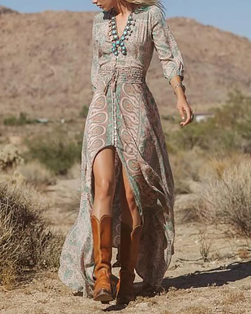 Vintage Elegant V-Neck Printed Chiffon Dress