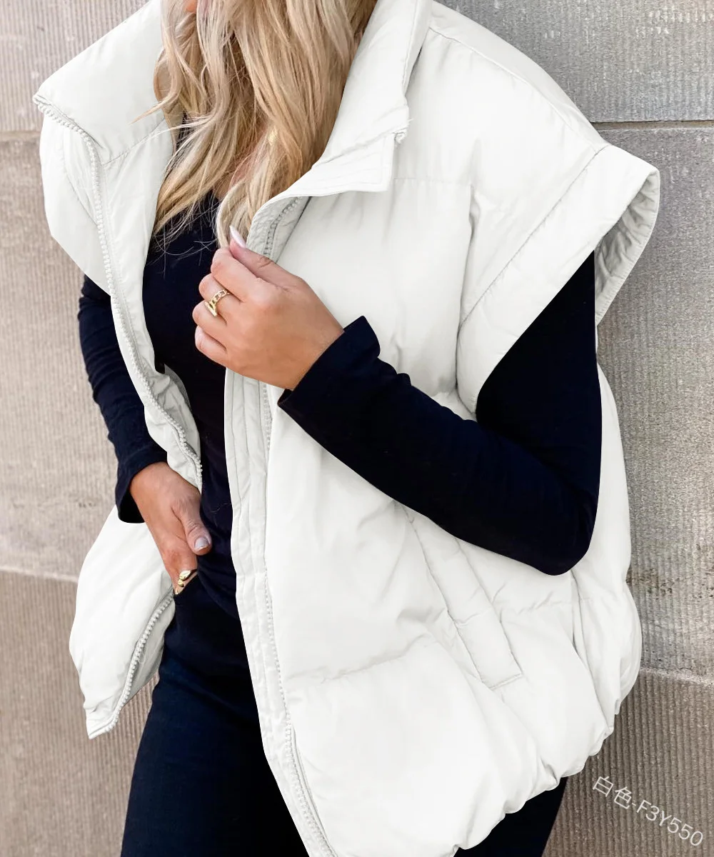 Toloer 2024 New Women's Solid Color Zip Pocket Cotton-Padded Jacket Vest Fashion Standing Collar Temperament Commuter Coat-Outfit Ideas