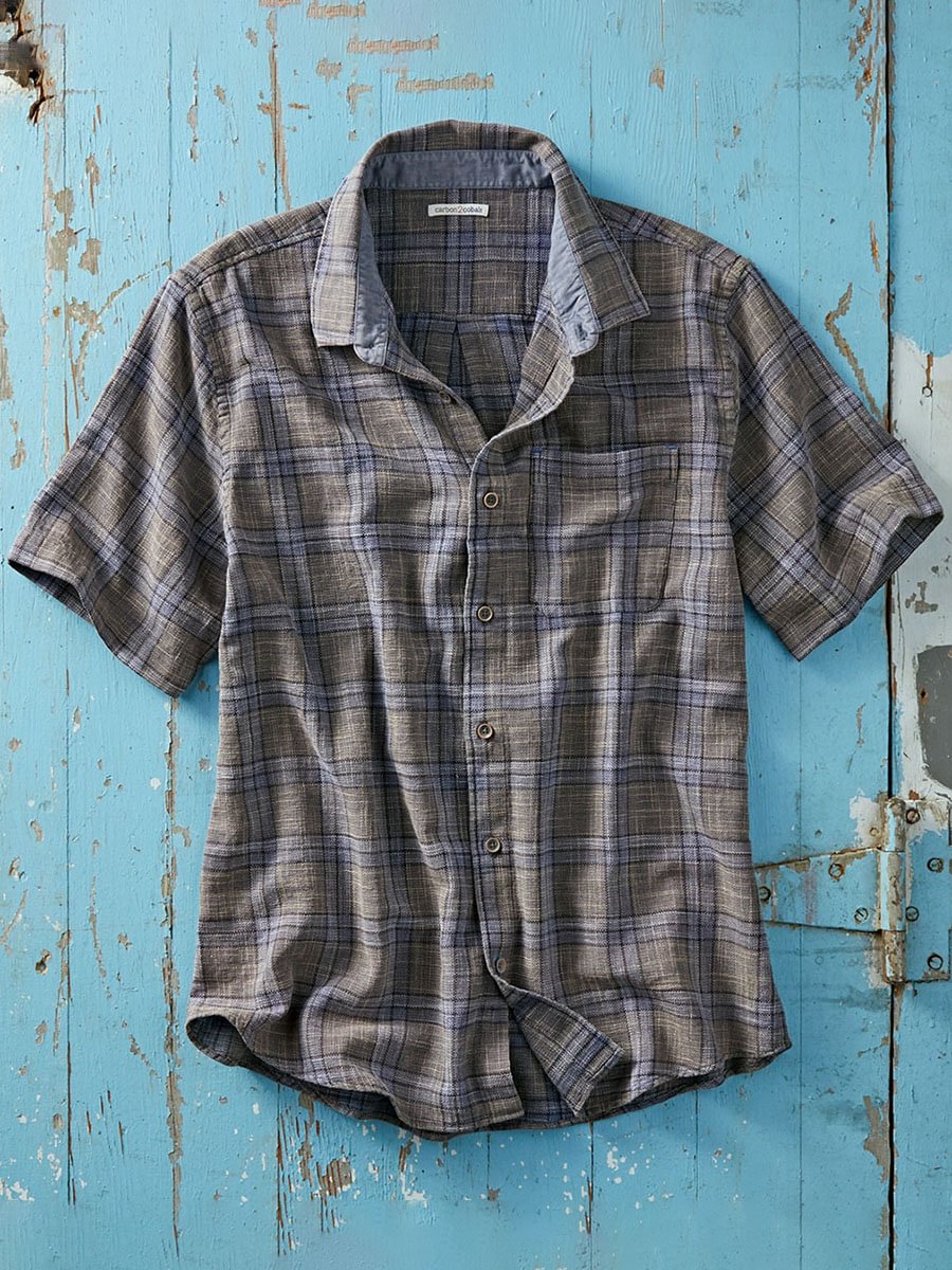 Men's, Gray Plaid Short-Sleeved Cotton and Linen Shirt