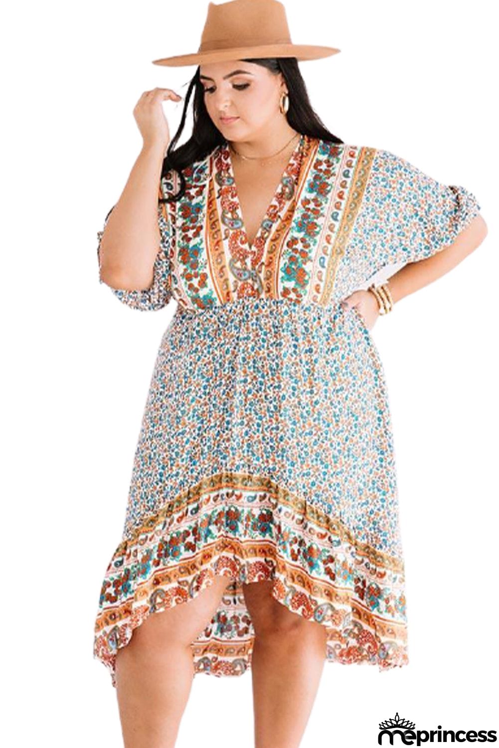 Plus Size Bohemian Floral Print Puff Sleeve Ruffle Dress