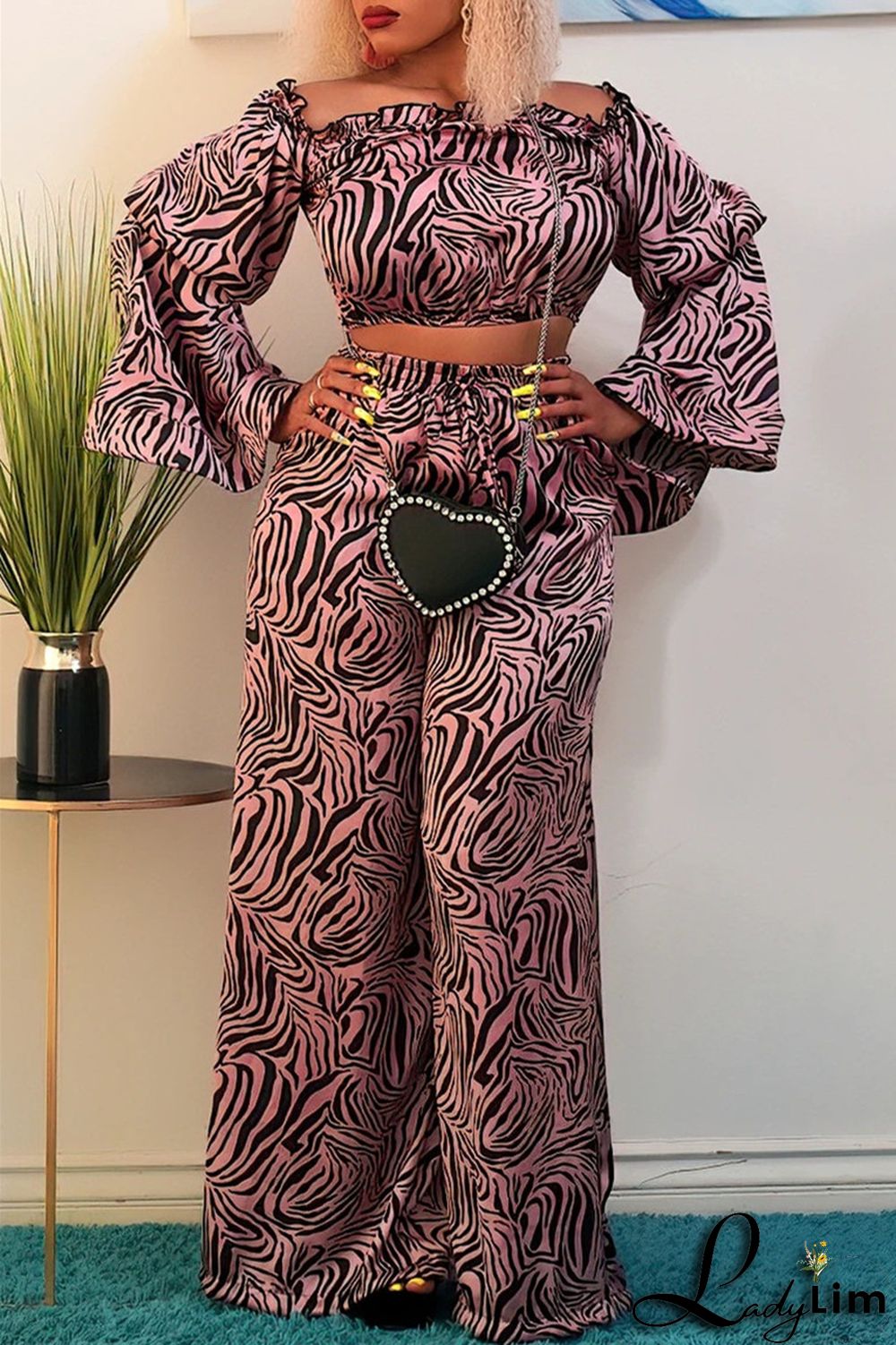 Pink Purple Fashion Casual Print Split Joint Off the Shoulder Long Sleeve Two Pieces