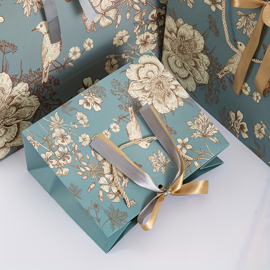 1pc Elegant Floral Paper Gift Bag with Golden Ribbon - Perfect for Birthdays, Weddings & Special Occasions