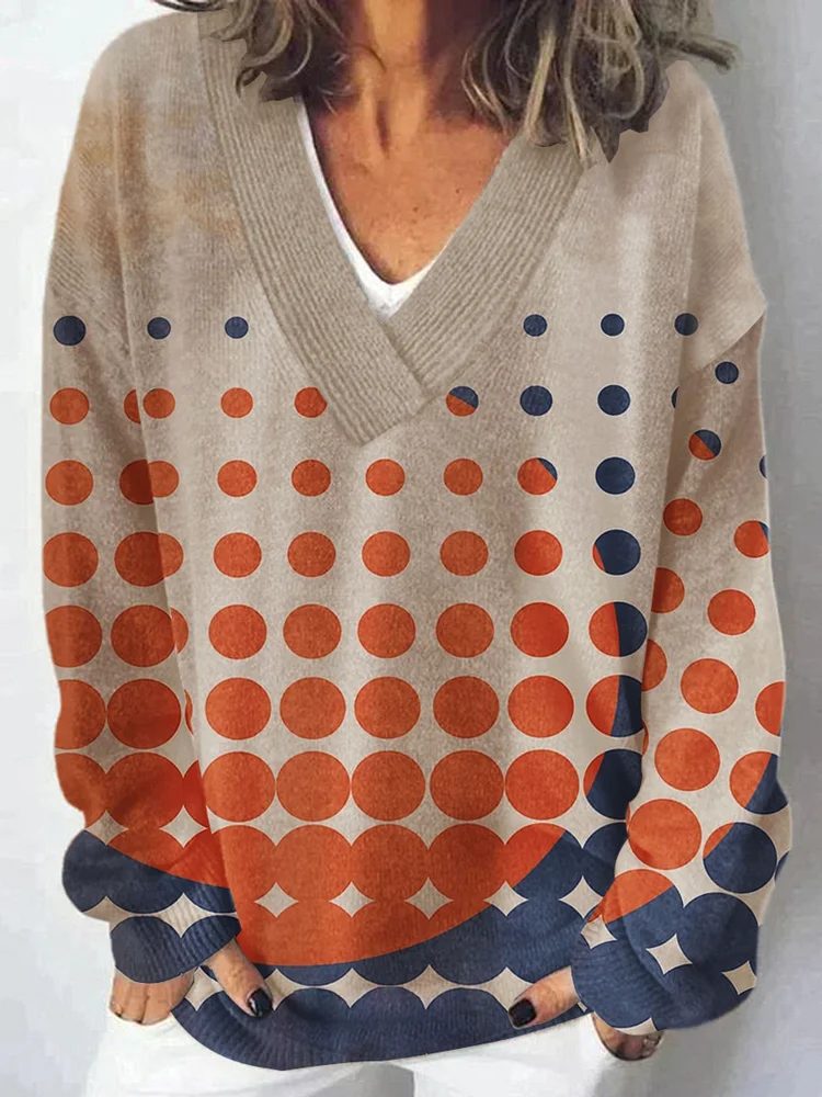 Minimalist Abstract Geometry Art  Print Knit V-neck Pullover Sweater
