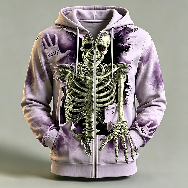 Men's Retro Halloween Optical Illusion Pattern Comfortable Zip-up Hoodie