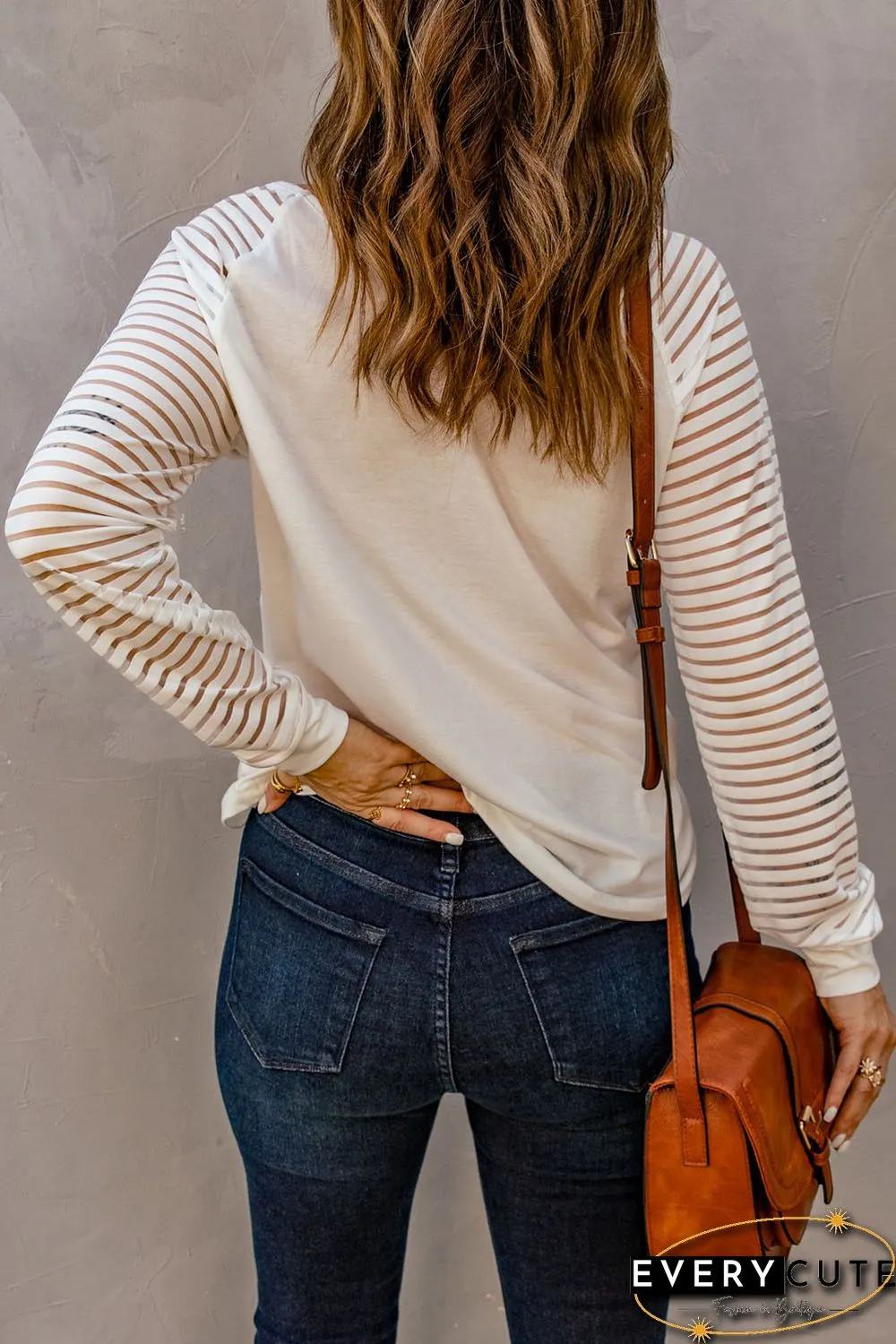 White Farm Fresh Pumkin Graphic Sheer Striped Long Sleeve Top