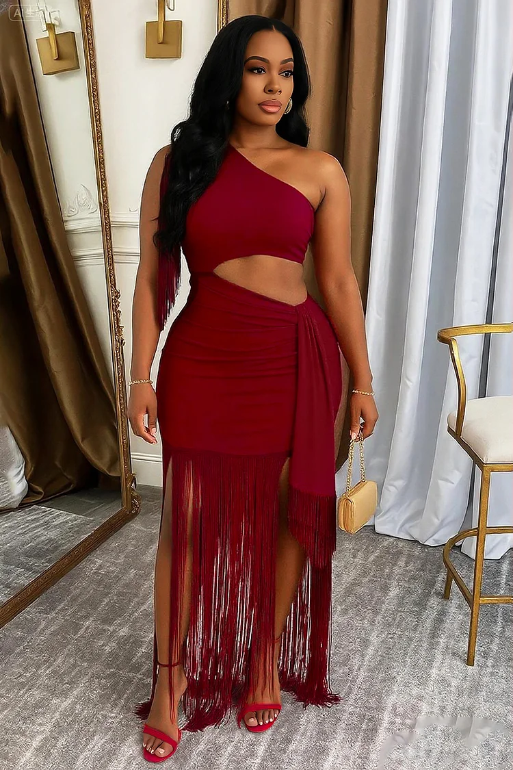 One Shoulder Cutout Sash Fringe Hem Party Maxi Dresses-White [Pre Order]