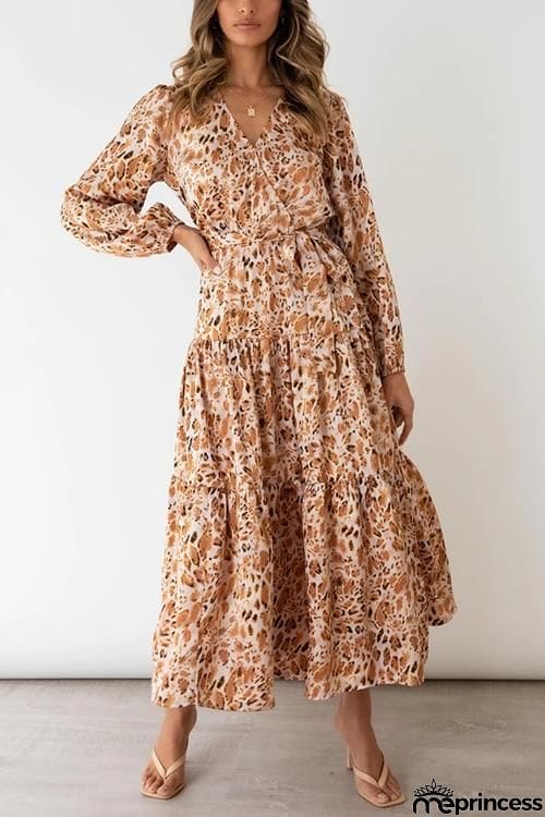 Print Belted Long Sleeve Maxi Dress