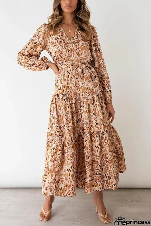 Print Belted Long Sleeve Maxi Dress