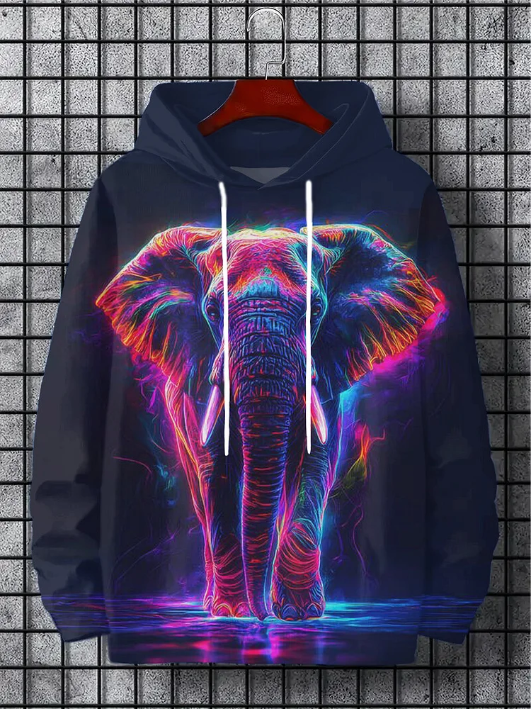 Men's Neon Elephant Colorful Art Print Hooded Sweatshirt