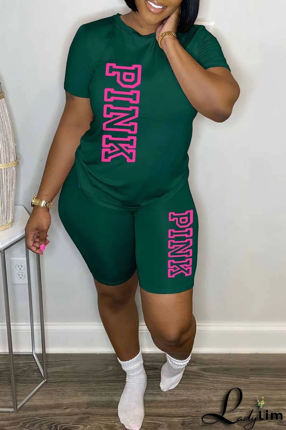 Blue Casual Print Letter O Neck Short Sleeve Two Pieces