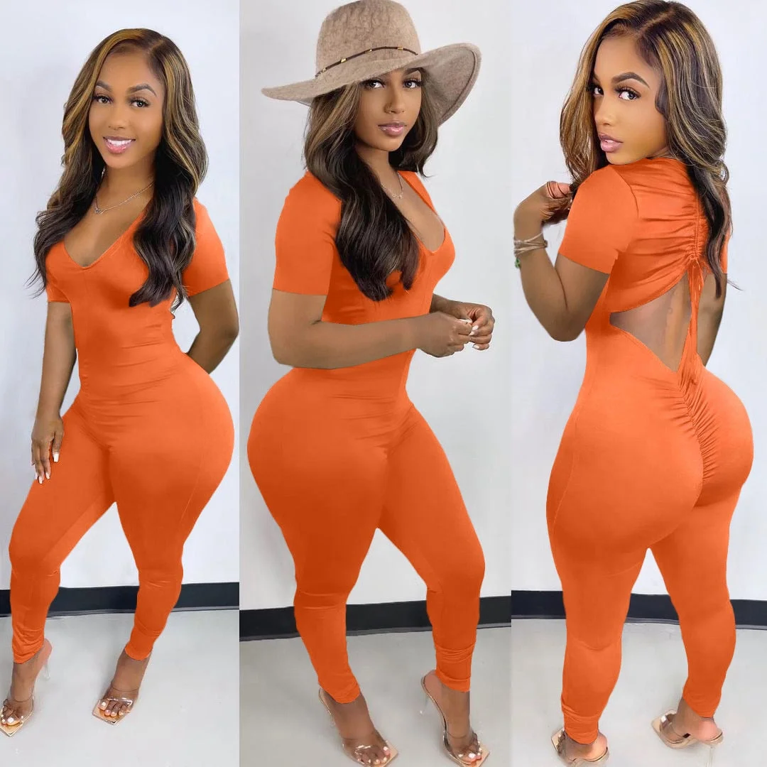 CM.YAYA Women Long Sleeve Ruched Open Back V-neck Jumpsuit Streetwear Sexy Party Solid High Waist One Piece Overall Playsuits