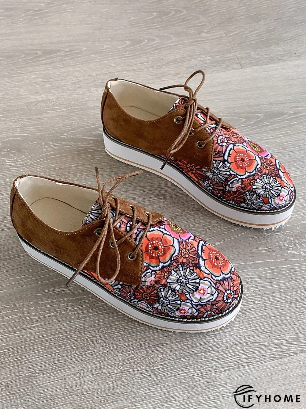 Floral Printed Patchwork Lace Up Shoes | IFYHOME