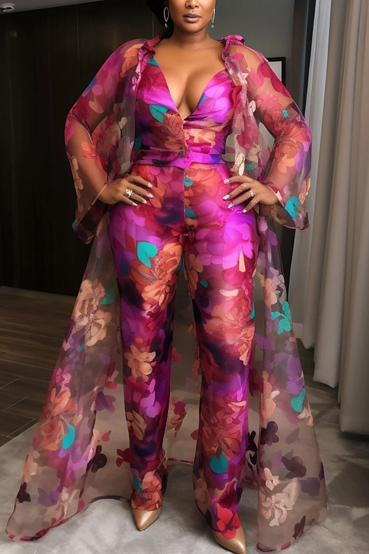 Xpluswear Design Plus Size Formal Pink Graphic V Neck Long Sleeve See Through Pocket Organza Jumpsuits Cardigan Set [Pre-Order]