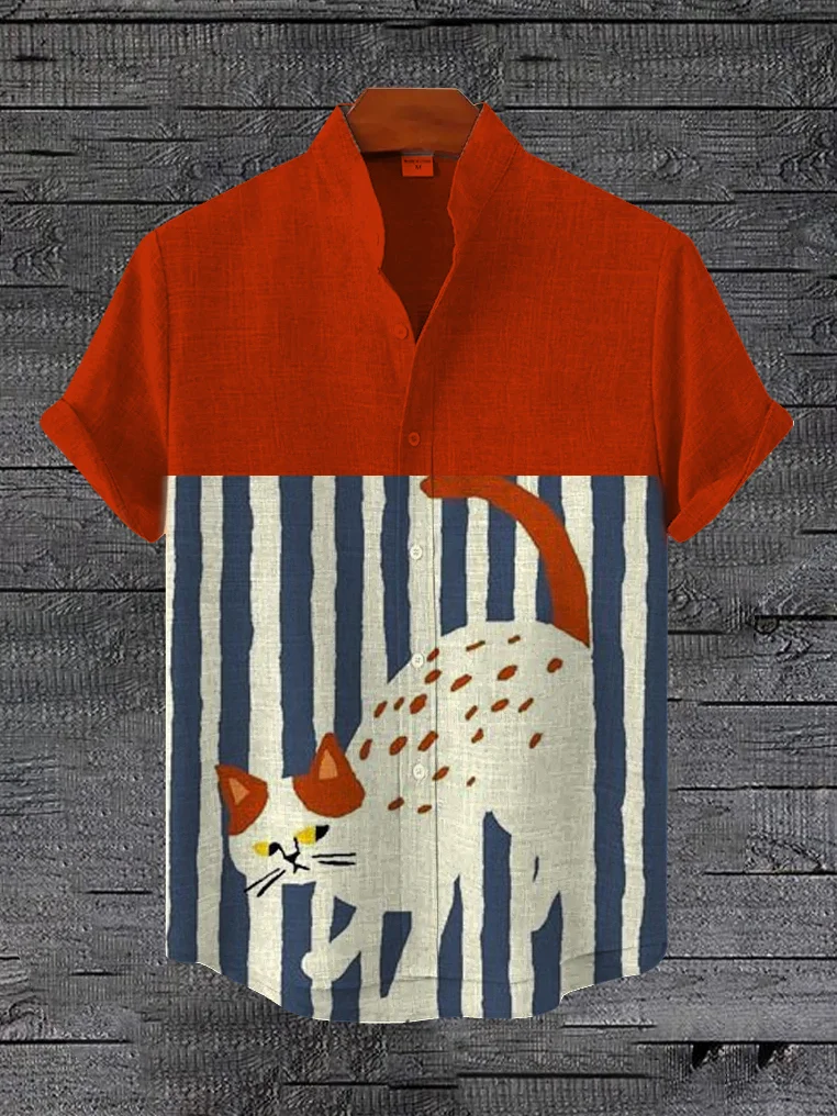 Men's Cat Striped Contrast Color Art Print Linen Blend Shirt