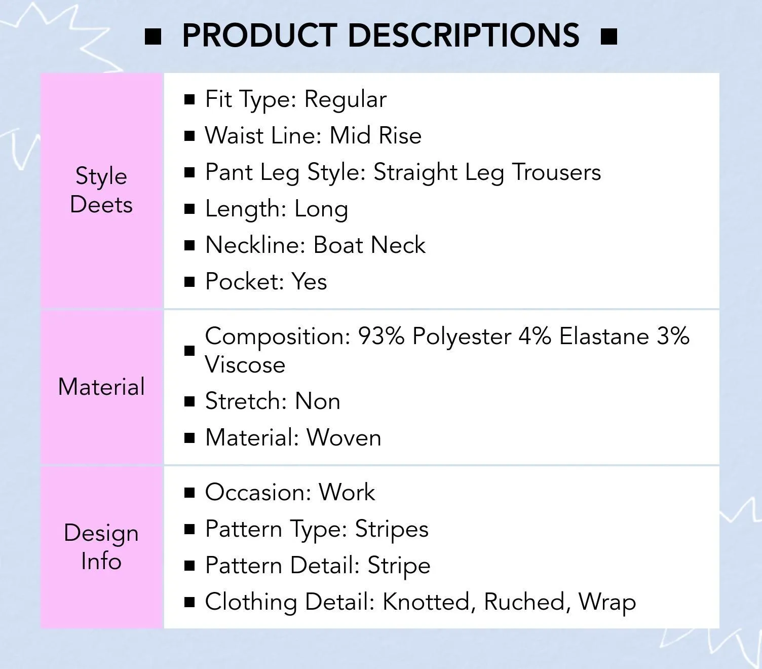 Cider Boat Neck Striped Wrap Knotted Top & Mid Rise Straight Leg Trousers Set– Office & Weekend Casual SwimWeek Cider Boat Neck Striped Wrap Knotted Top & Mid Rise Straight Leg Trousers Set– Office & Weekend Casual SwimWeek
