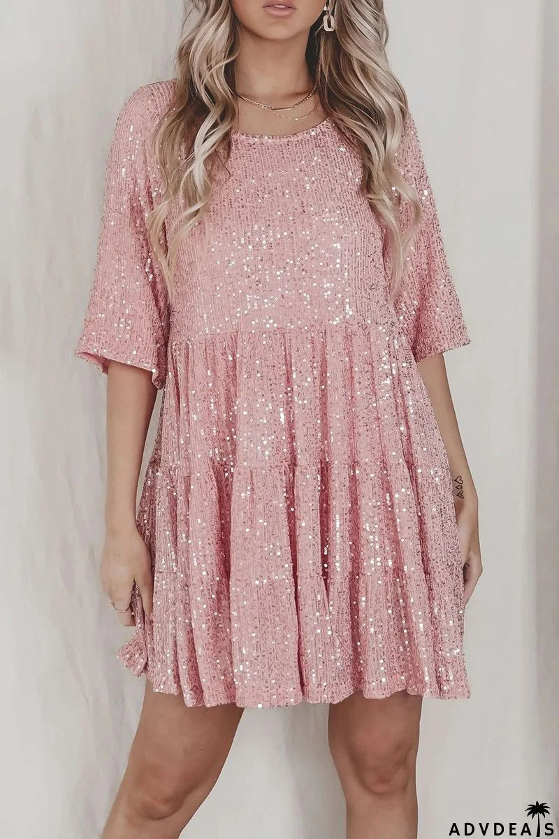 Elegant Solid Sequins O Neck Cake Skirt Short Sleeve Dress