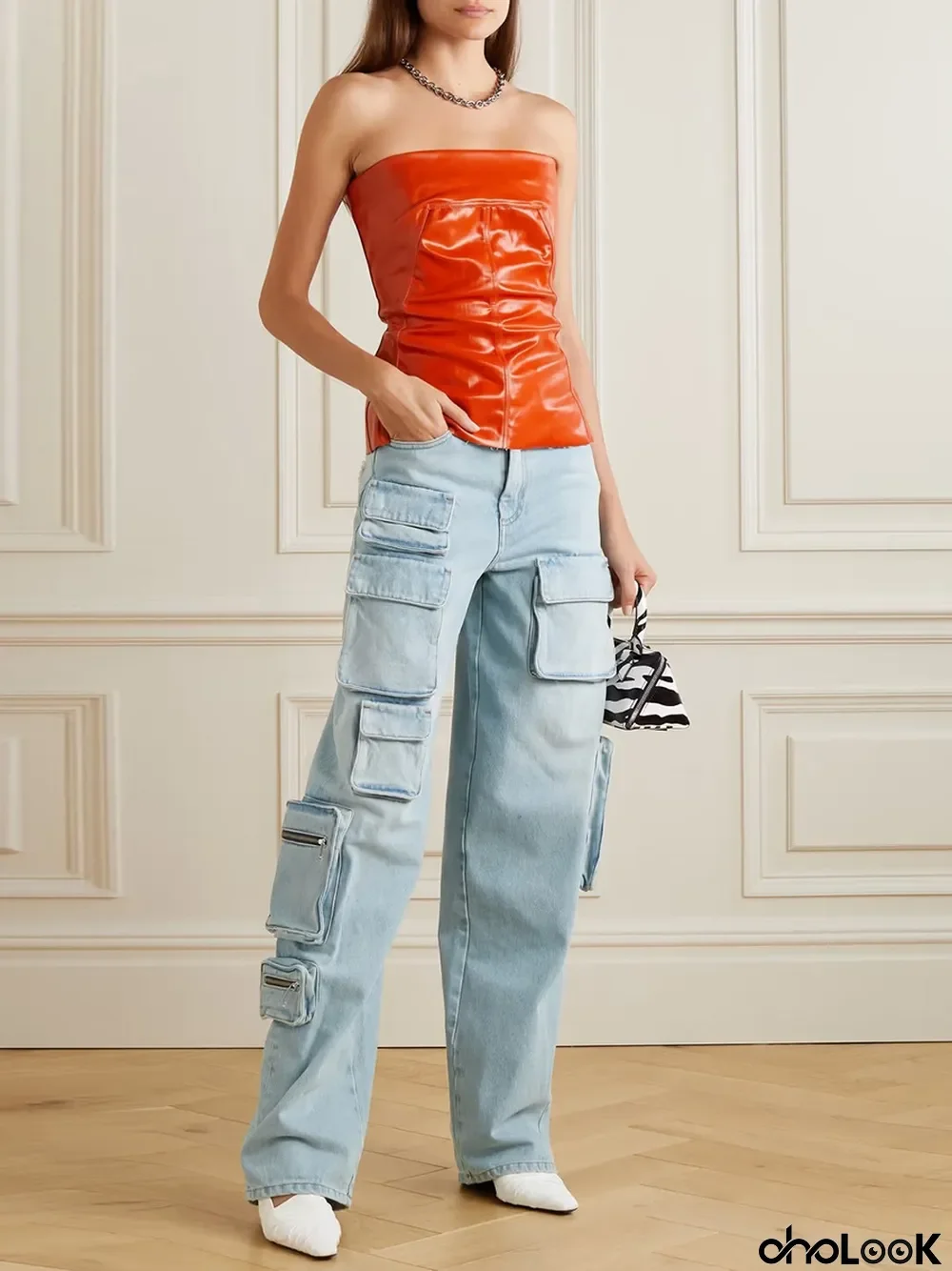 Mid Waist Long Straight Multi Pocket Zipper Women's Vintage Denim Cargo Pants