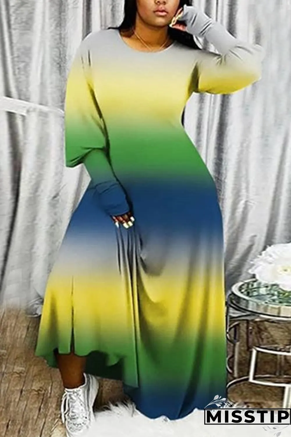 Orange Sexy Milk Fiber Print Tie-dye O Neck Plus Size