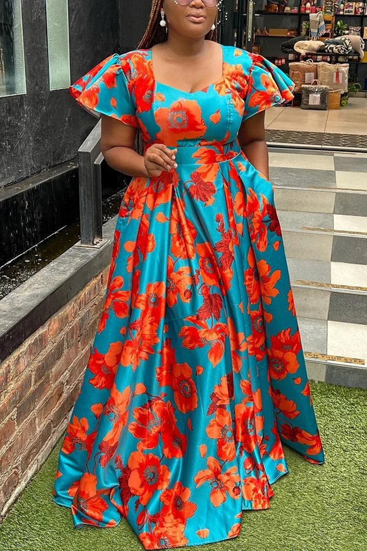 Xpluswear Plus Size Vacation Boho All Over Print Ruffle Sleeve With Pocket Maxi Dress