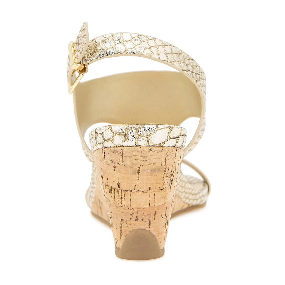 Gold Snakeskin Pattern T-Strap Buckle Wedge Heel Women Sandals