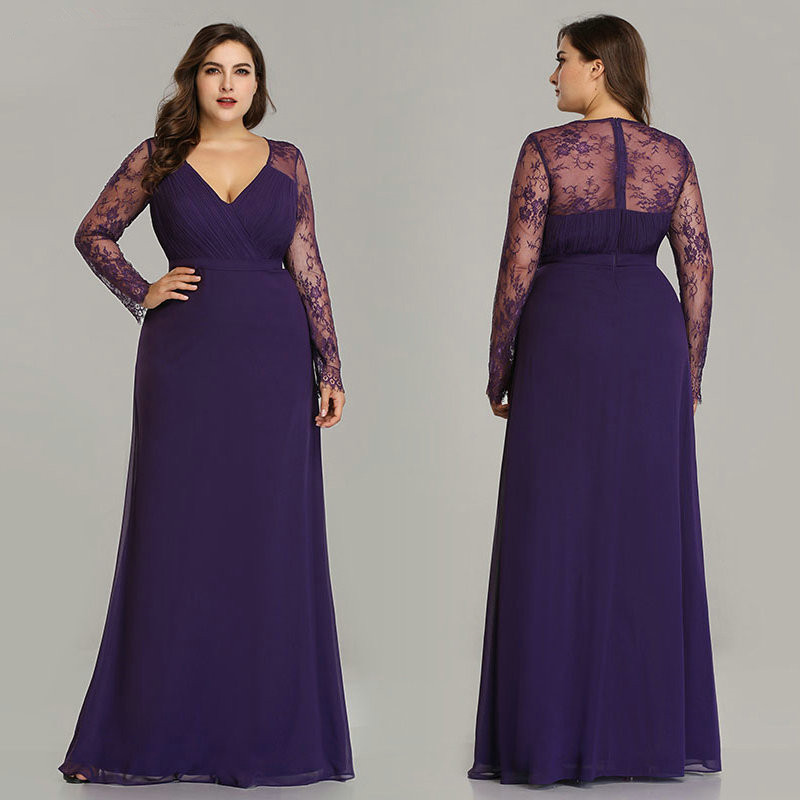 Plus Size Long Sleeve Lace V-Neck Evening Dress Online