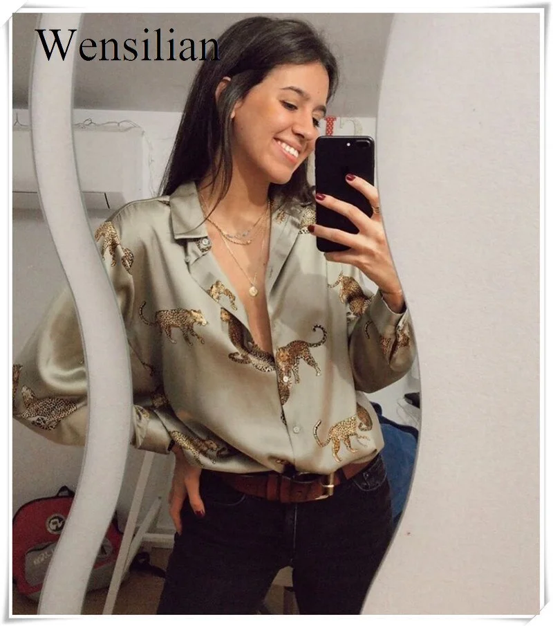 Women Satin Blouse Long Sleeve Zebra Print Shirts Vintage Office Ladies Tops Femme 2021 Fashion Loose Blusa De Mujer Casual
