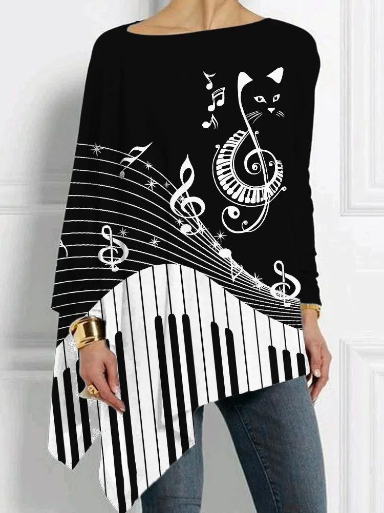 Piano Keys Music Cat Bat Sleeve T Shirt