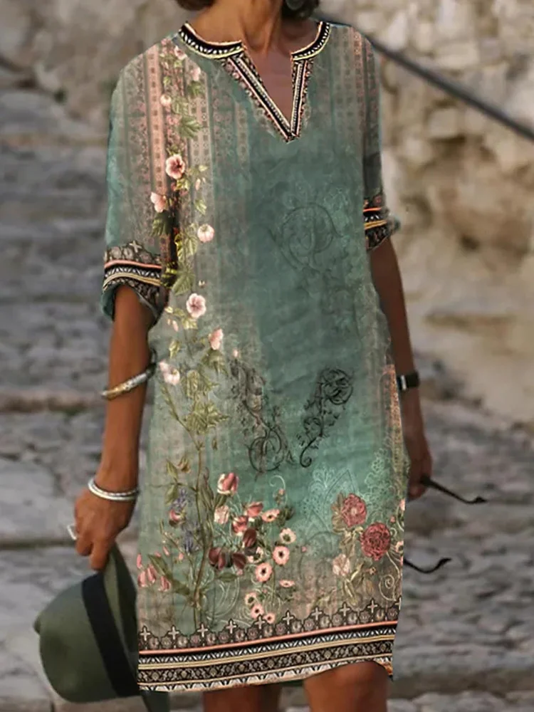 VChics Vintage Floral Ethnic Hem Notch Neck Midi Dress