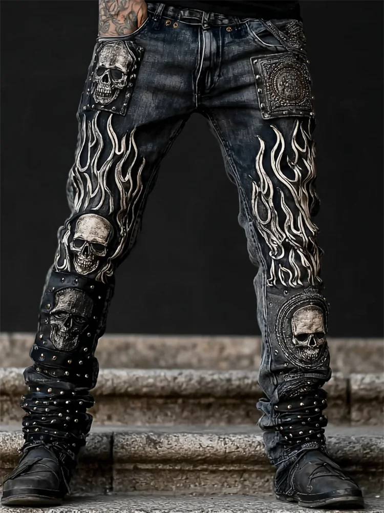 Men's Skulls & Flame Rock Style Studded Washed Jeans