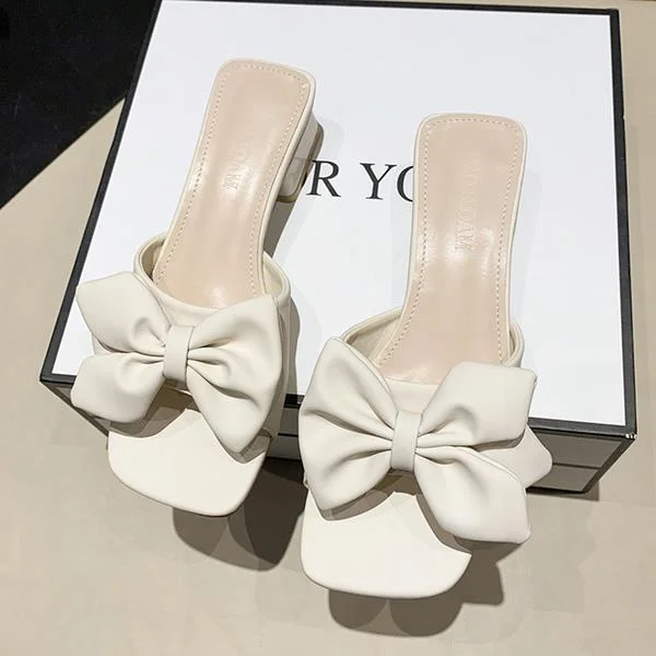 Lourdasprec Shoes Woman's Slippers Butterfly-Knot Slides Fashion Med Square heel Luxury Summer Block Butterfly-knot Rubber Hoof Heels