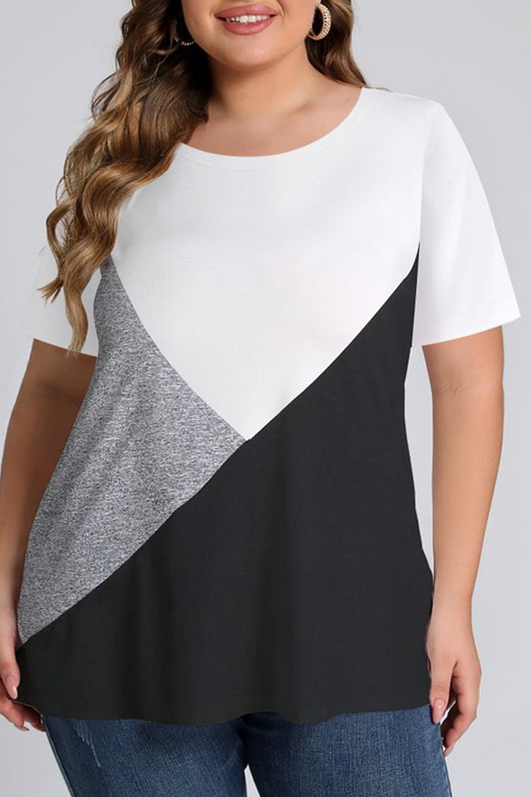 Flycurvy Plus Size Casual White Patchwork Colorblock Round Neck T Shirt  Flycurvy [product_label]