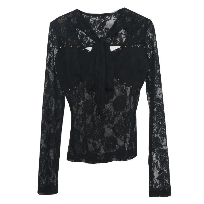 Uveng Explosion Real Shot Design Lace Ribbon Hollow Long Sleeve Top Sexy Slimming Bottom T-Shirt 8979