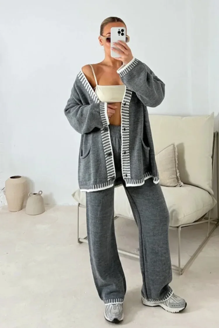 Contrast Trim Knitted Cardigan And Pants