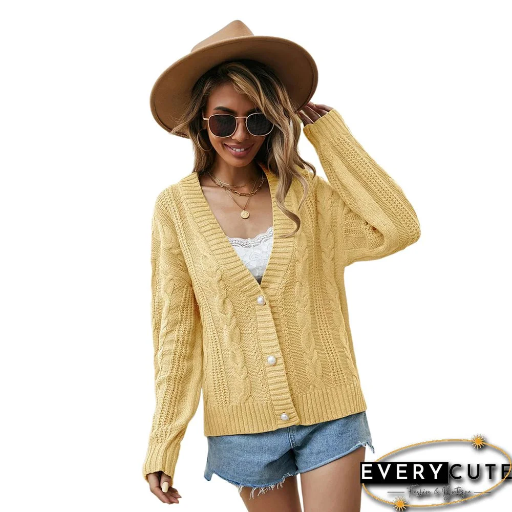 Solid Yellow Button Cable V Neck Cardigan