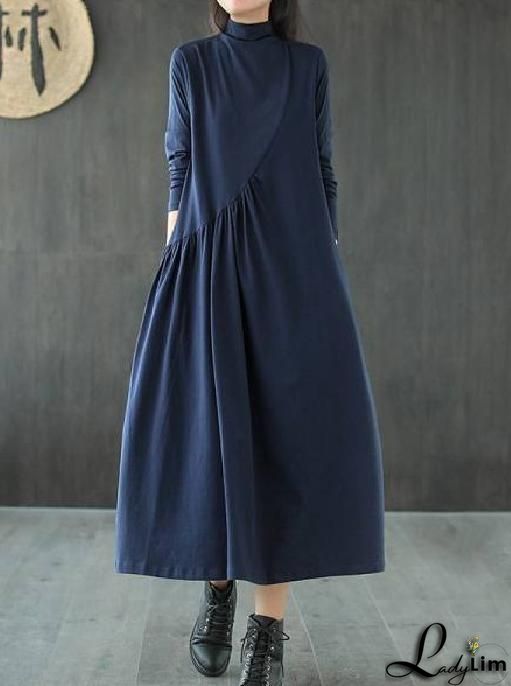 UR Turtleneck Lace Panel Asymmetrical Hem Long Sleeve Dress